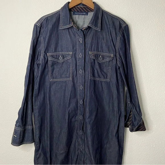 Tommy Hilfiger Denim Shirtdress Ruffle Hem NEW Size 8/10 Casual Chic Americana - Picture 3 of 16